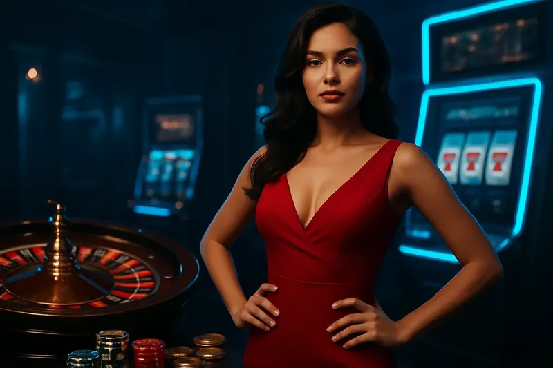 Elegant Casino Banner Beautiful woman in red dress standing near roulette and slot machines with gold coins and poker chips in a luxury Bangladeshi casino