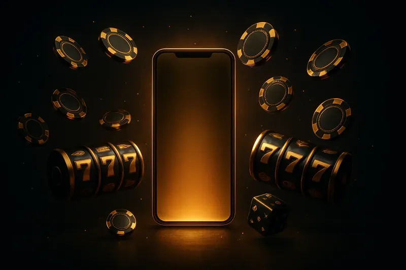 Glowing Smartphone Casino Banner Panoramic banner with glowing smartphone, floating casino chips, slot reels, and dice on a dark luxurious background